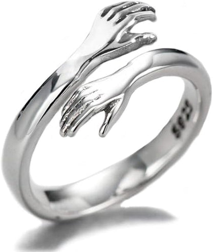 I Love You Engraved Hug Ring Sterling Silver Adjustable Hugging Hand Ring