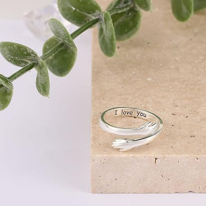 I Love You Engraved Hug Ring Sterling Silver Adjustable Hugging Hand Ring