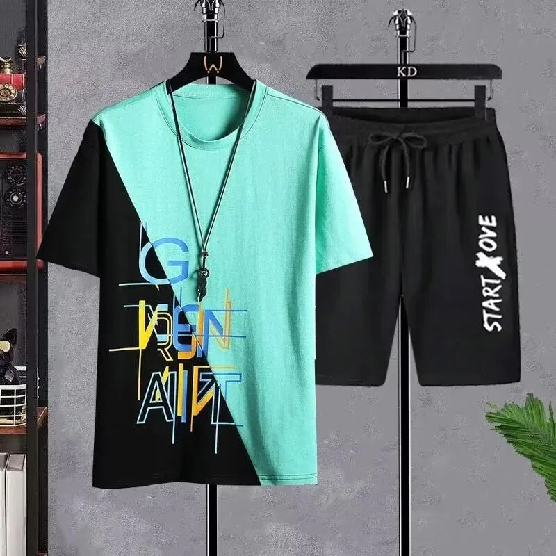 Men Casual Sports Set Trendy Short Sleeve Summer Shorts Fashionable Clothes Polyester Fabric T-shirt Style