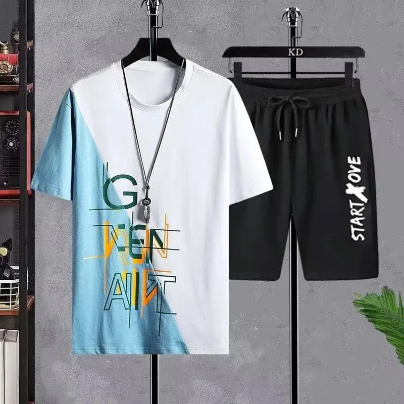 Men Casual Sports Set Trendy Short Sleeve Summer Shorts Fashionable Clothes Polyester Fabric T-shirt Style